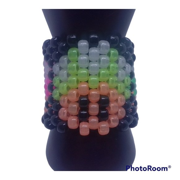 Glow in the Dark Mario Mushroom Kandi Cuff Bracelet.  Pink/Yellow/Green EDC - Picture 2 of 7